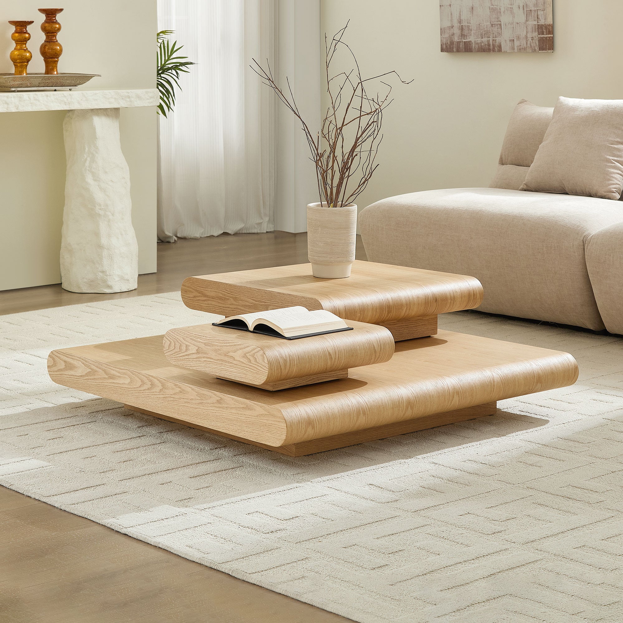 3-Piece Modular Stacking Coffee Table Natural Wood Look, Mordern MDF Table Front of the Sofa, 39.37 Inch Square Center Coffee Table for Living Room,No Assembly,Natural Color