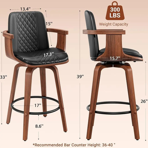26" Swivel PU Leather Bar Stools with Wooden Arms – Set of 6 Modern Counter Height Chairs, Black
