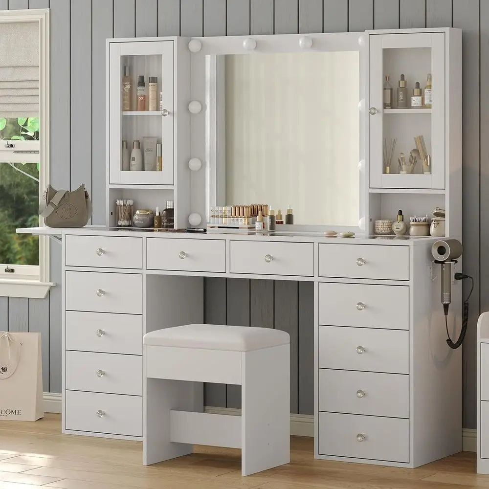 Illuminated Vanity Desk with Mirror, Power Outlet, 12 Drawers, 2 Cabinets, and Chair for Bedroom in White