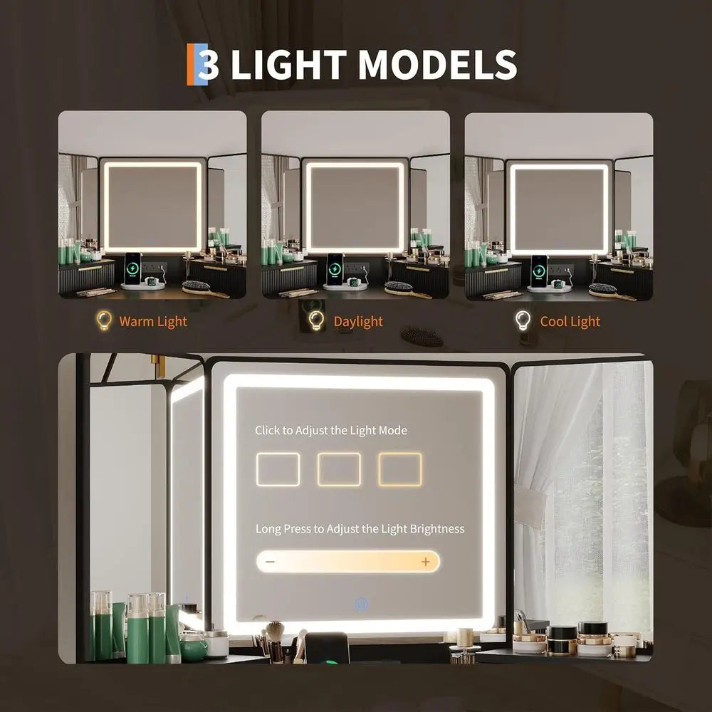 Makeup Vanity Desk with Mirror, Lights & Charging Station – Modern Black Dressing Table with Storage Cabinet