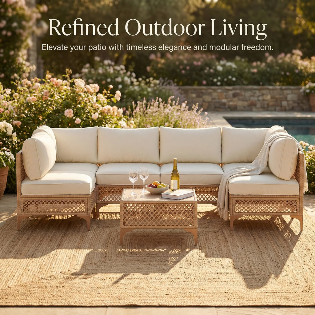 7-Piece Patio Furniture Set, Outdoor Wicker Conversation Set with Thick Cushions & Coffee Table for Backyard and Garden, Beige