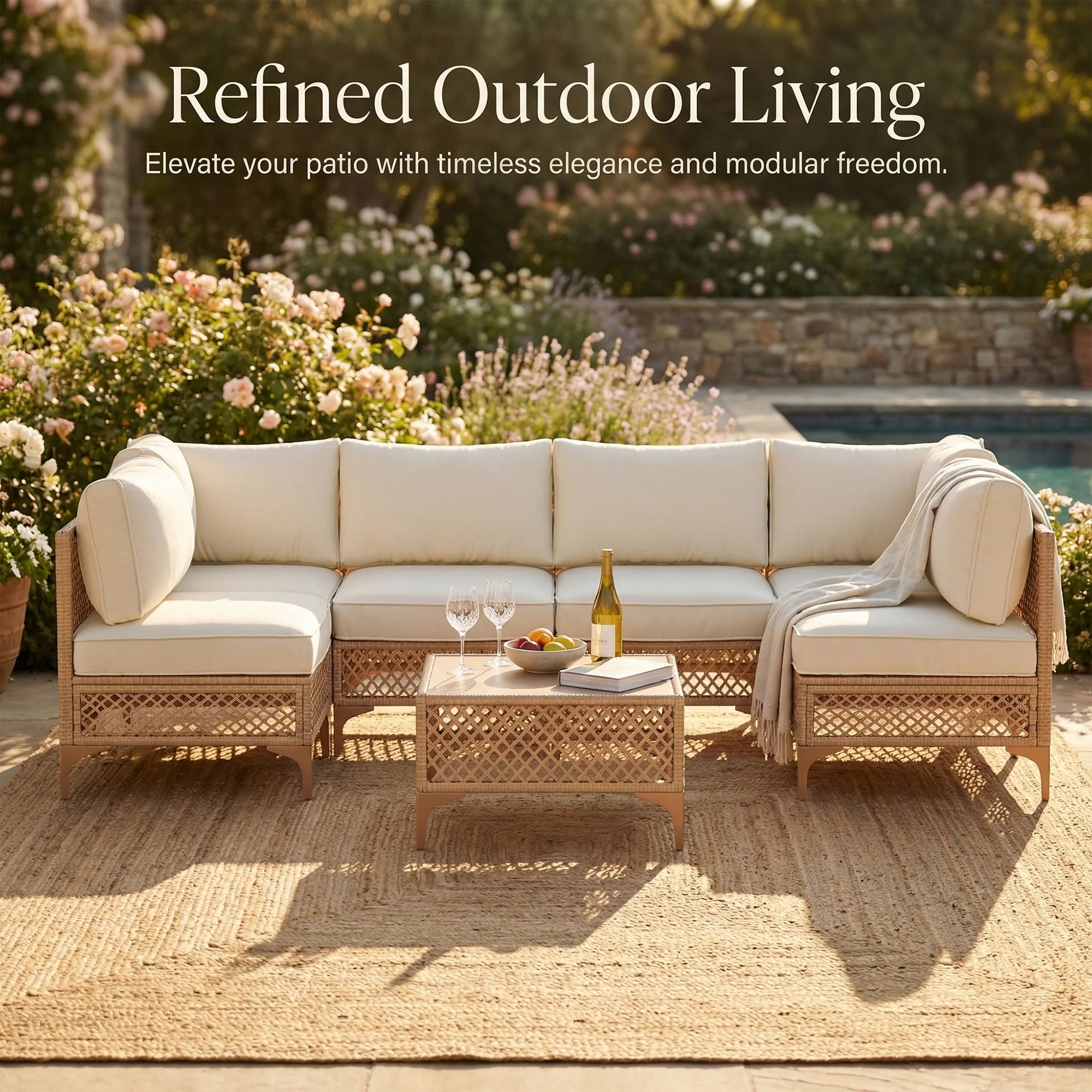 7-Piece Patio Furniture Set, Outdoor Wicker Conversation Set with Thick Cushions & Coffee Table for Backyard and Garden, Beige