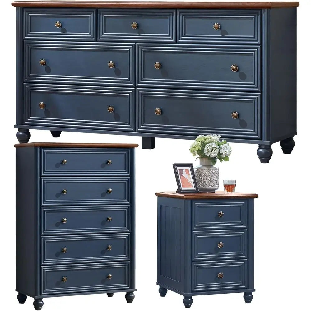 3-Piece Wooden Bedroom Furniture Set with 7-Drawer Dresser, 5-Drawer Chest & Nightstand – Rustic