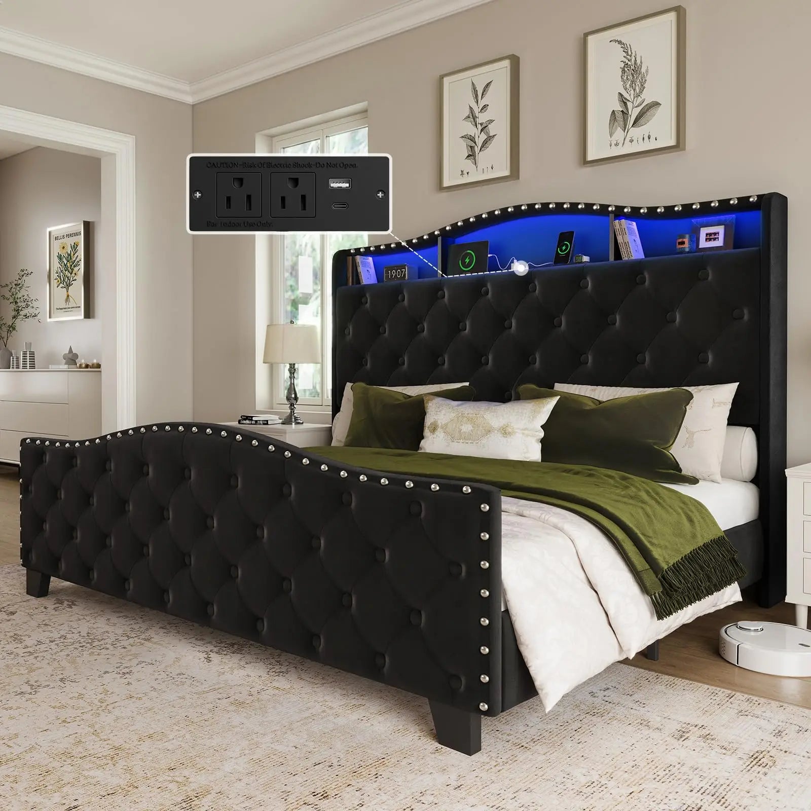 Belffin King Size Velvet Wingback Bed Frame with LED Lights & Charging Station