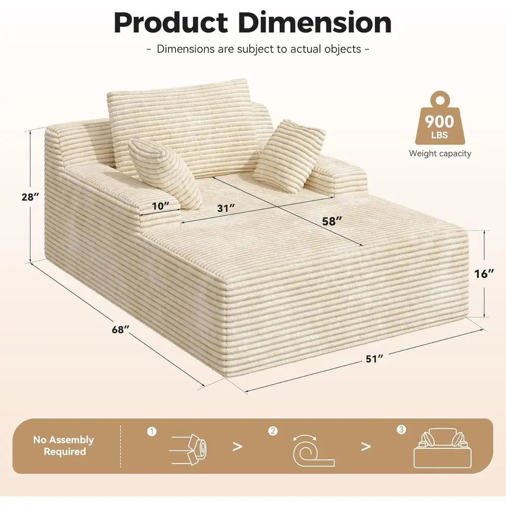 Oversized Indoor Chaise Lounge Chair with 2 Pillows – Khaki Corduroy Deep Seat Sofa Bed