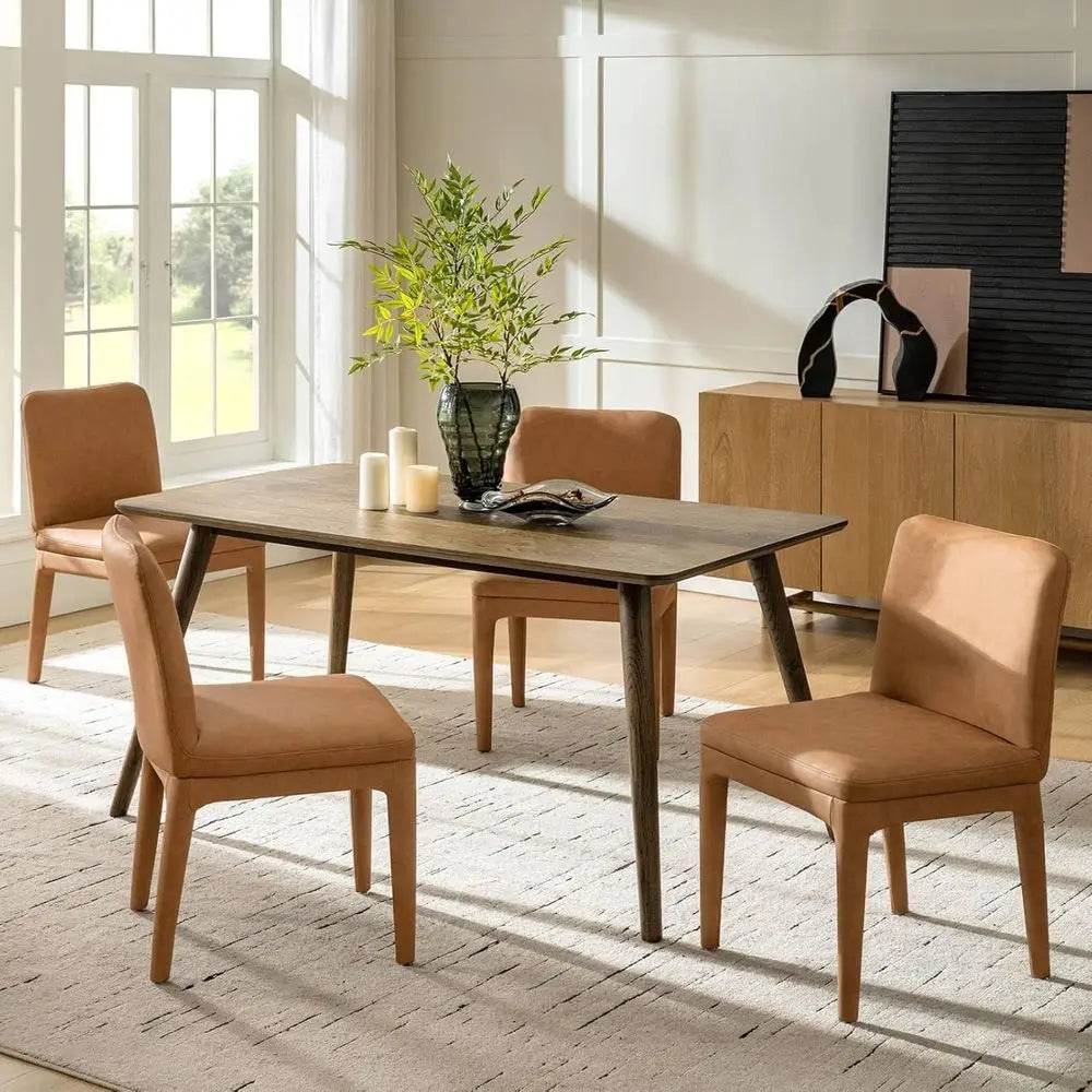 Set of 4 Modern Faux Leather Dining Chairs with Thick Cushion & Solid Wood – Camel