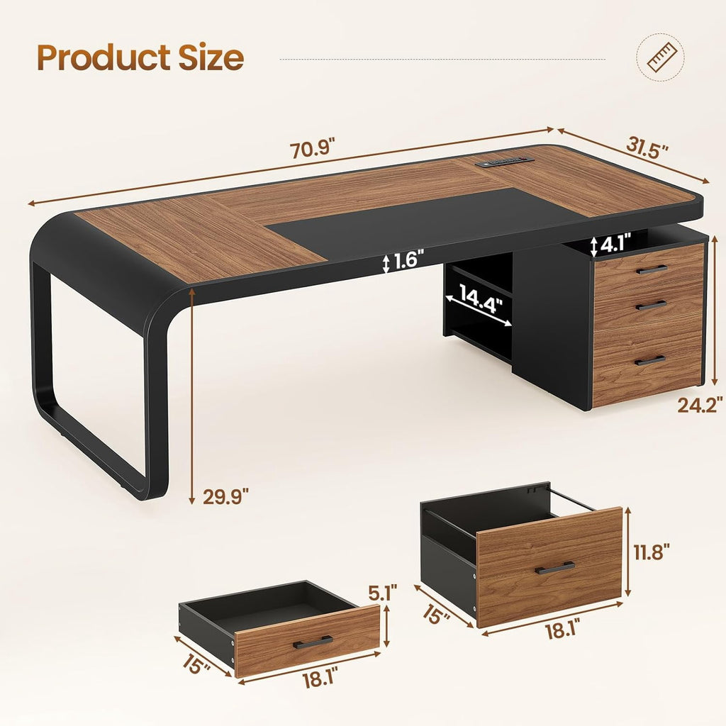 70.9" Executive Desk with Drawers and Power Outlets, Modern Office Desk with Shelf and Large Desktop, Computer Desk Study Table with Storage, Dark Brown