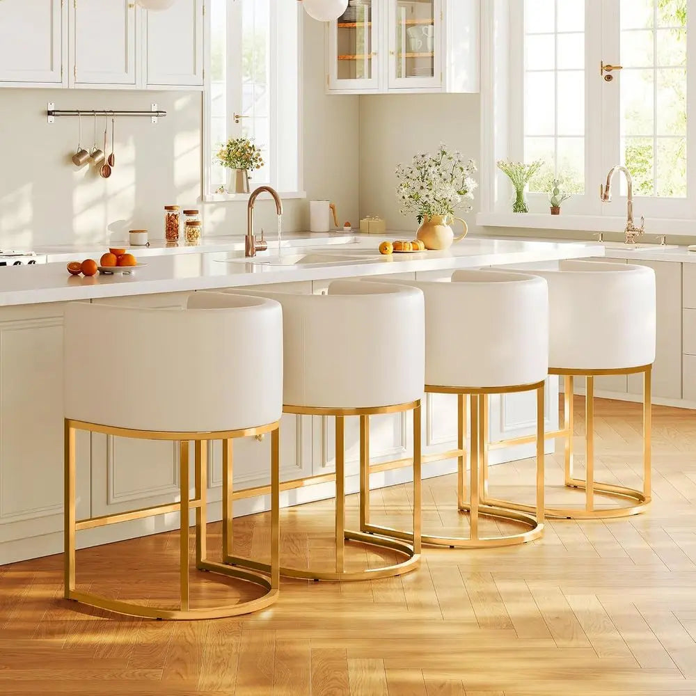 Counter Height Bar Stools Set of 4 – Beige White PU Leather Swivel Barrel Chairs with Gold Metal Legs, 26-Inch