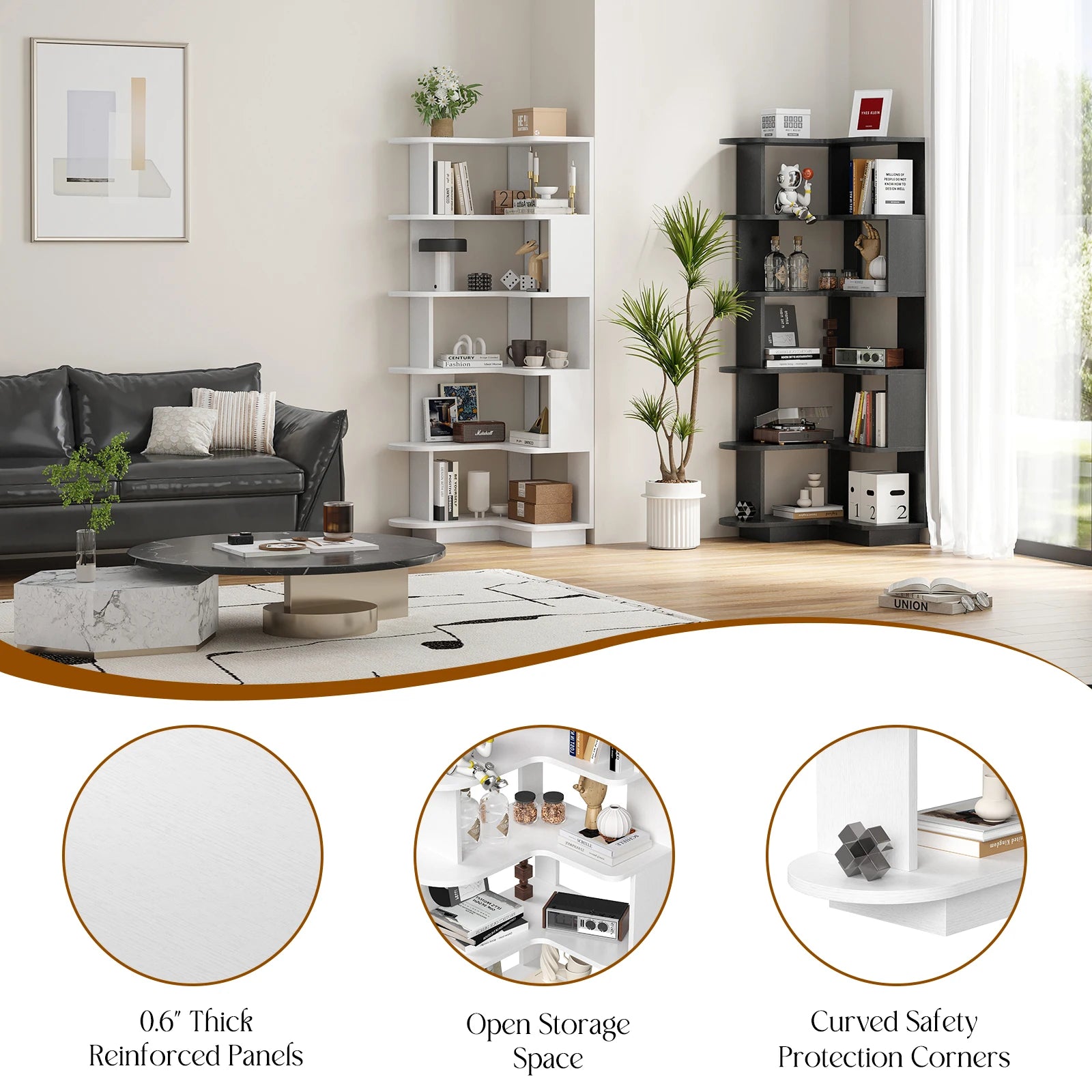 5-Tier Corner Bookshelf,L-Shaped Bookcase Freestanding Storage Shelf & Display Stand for Living Room, Office, Bedroom