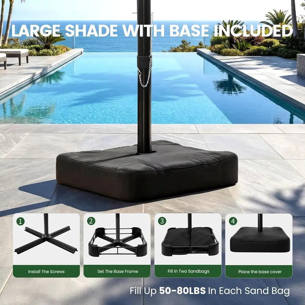 10Ft Large Cantilever Patio Umbrella with Base, 360° Rotation, Ideal for Outdoor Deck, Pool, Backyard, Garden, Champagne