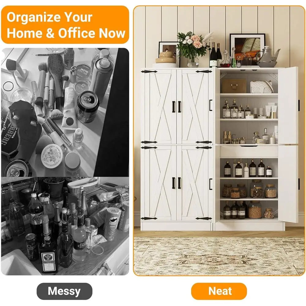 71 Tall Double Kitchen Pantry Cabinet with 8 Adjustable Shelves, White, Suitable for Dining, Living, and Utility Rooms