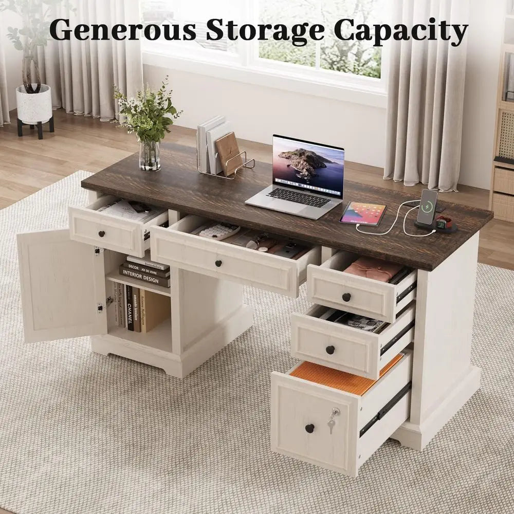 59" Executive Desk with Drawers, Lockable File Cabinet & Power Outlet – Warm White