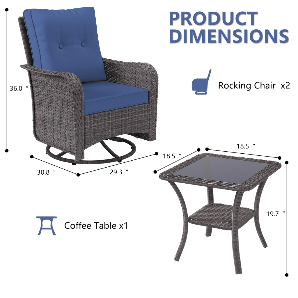 3-Piece Rattan Rockers , Wicker Swivel Rocking Chair Set with Glass Top Coffee Table, 360° Rotation (Navy Blue)