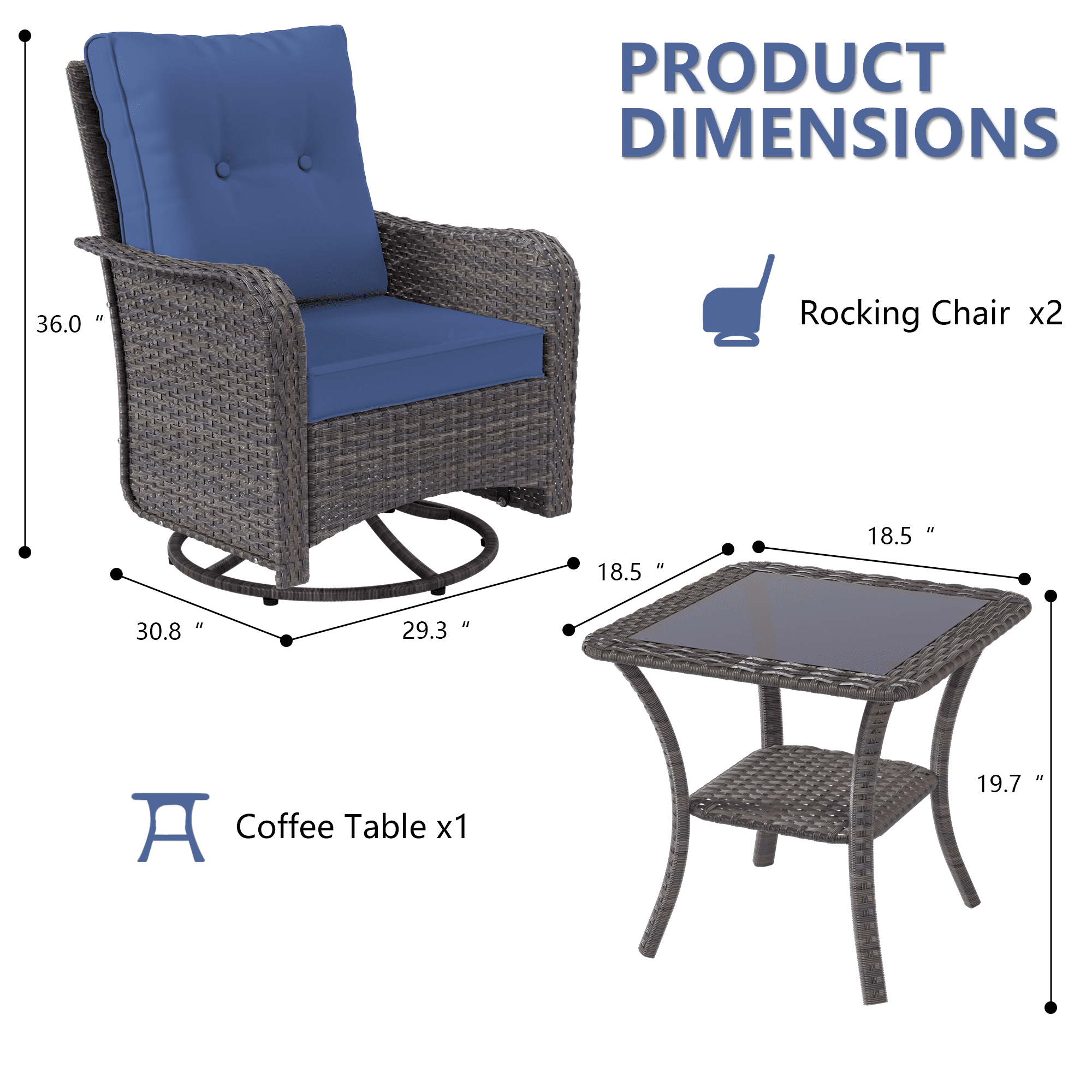 3-Piece Rattan Rockers , Wicker Swivel Rocking Chair Set with Glass Top Coffee Table, 360° Rotation (Navy Blue)
