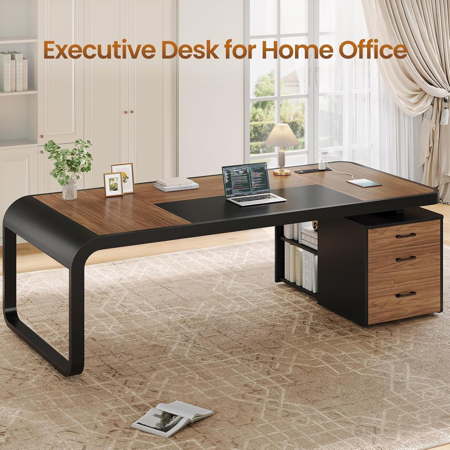 70.9" Executive Desk with Drawers and Power Outlets, Modern Office Desk with Shelf and Large Desktop, Computer Desk Study Table with Storage, Dark Brown