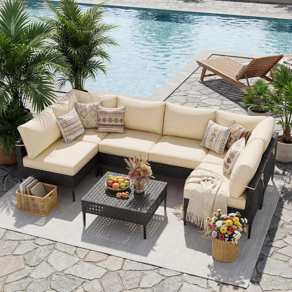 7-Piece High-Leg Outdoor Sectional Patio Sofa Set with Glass Coffee Table, Ideal for Garden, Deck, Poolside - Black