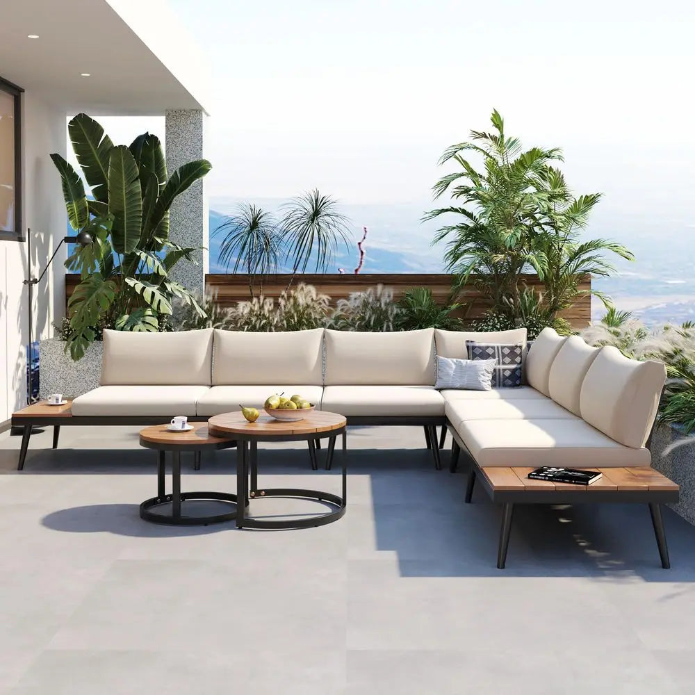 Outdoor Sectional Sofa Set with round Nesting Coffee Tables and Cushions,6Piece Patio Furniture Set for Porch,Garden,Poolside A