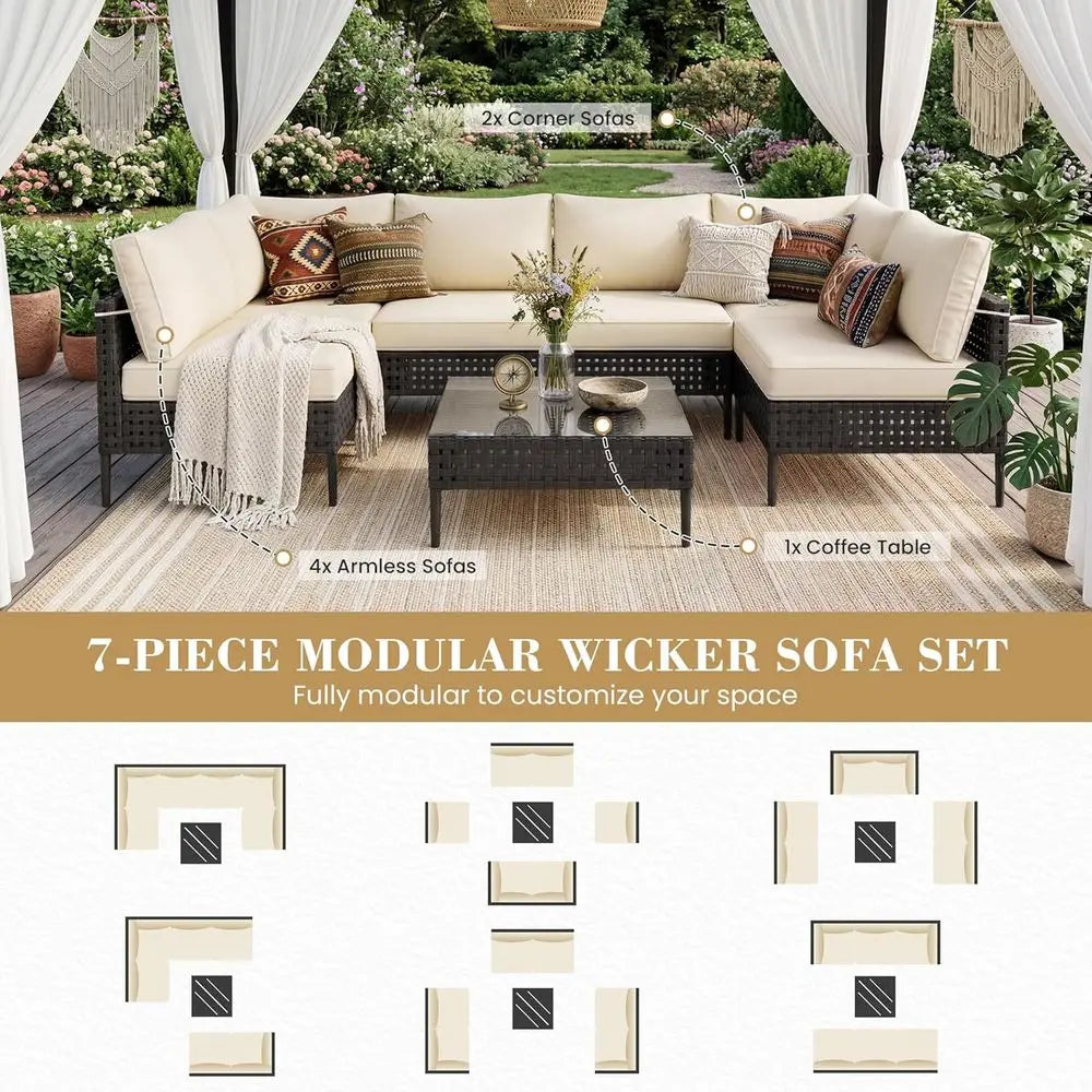 7-Piece High-Leg Outdoor Sectional Patio Sofa Set with Glass Coffee Table, Ideal for Garden, Deck, Poolside - Black