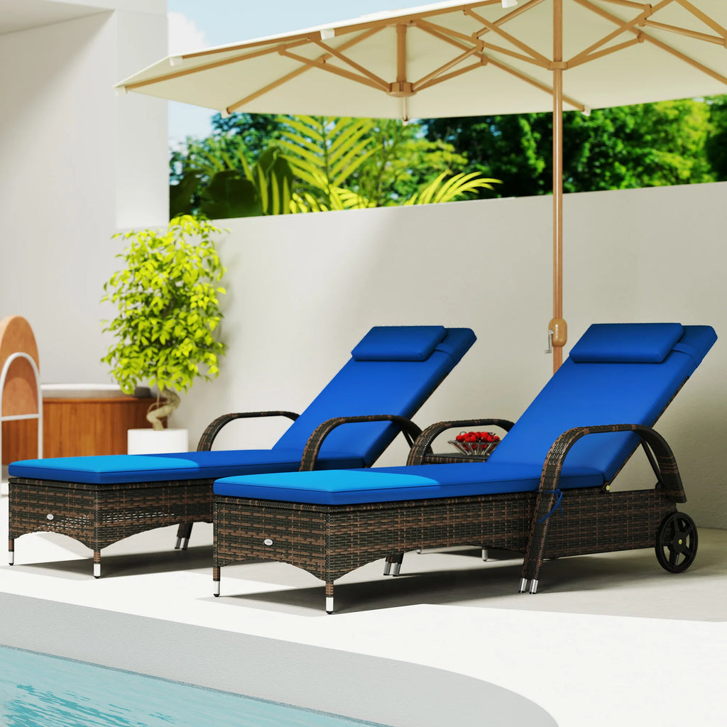 3Pc Outdoor Set, 2 Reclining Chairs, Cushions, Wheels, Side Table, Pe Wicker