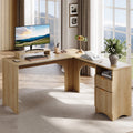 L Shaped Desk with Drawers, 55.7" X 55" Office Computer Desk with round Corners, Monitor Stand & Fluted Panels, Natural Oak