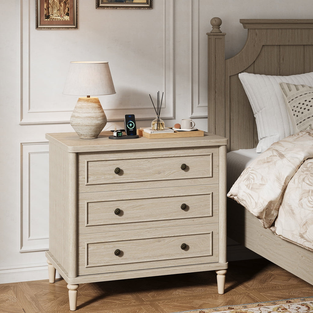 Farmhouse Nightstand Set of 2 with 3 Drawers, Wood Bedside Table Night Stand with Charging Station, Sofa Side End Table for Bedroom, Living Room, Oak