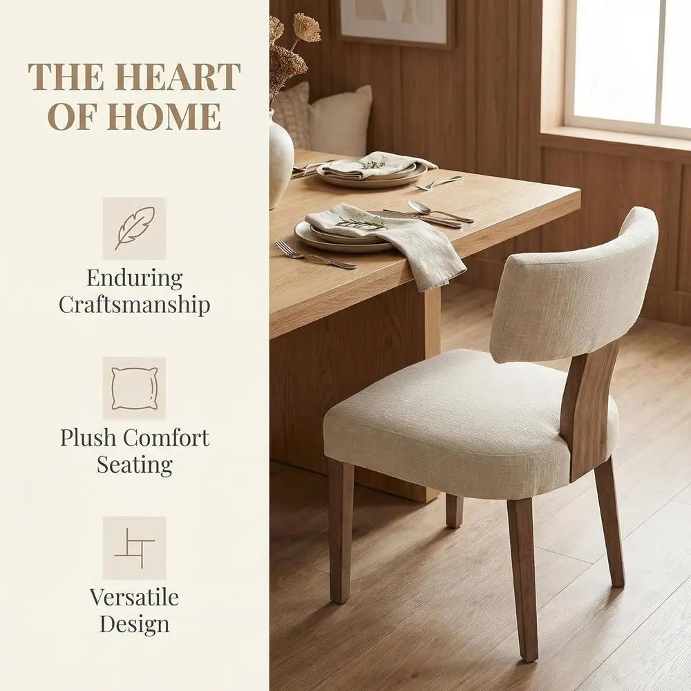 Linen Upholstered Dining Chairs Set of 6 – Beige Curved Back Accent Chairs with Hardwood Legs, Mid-Century Modern