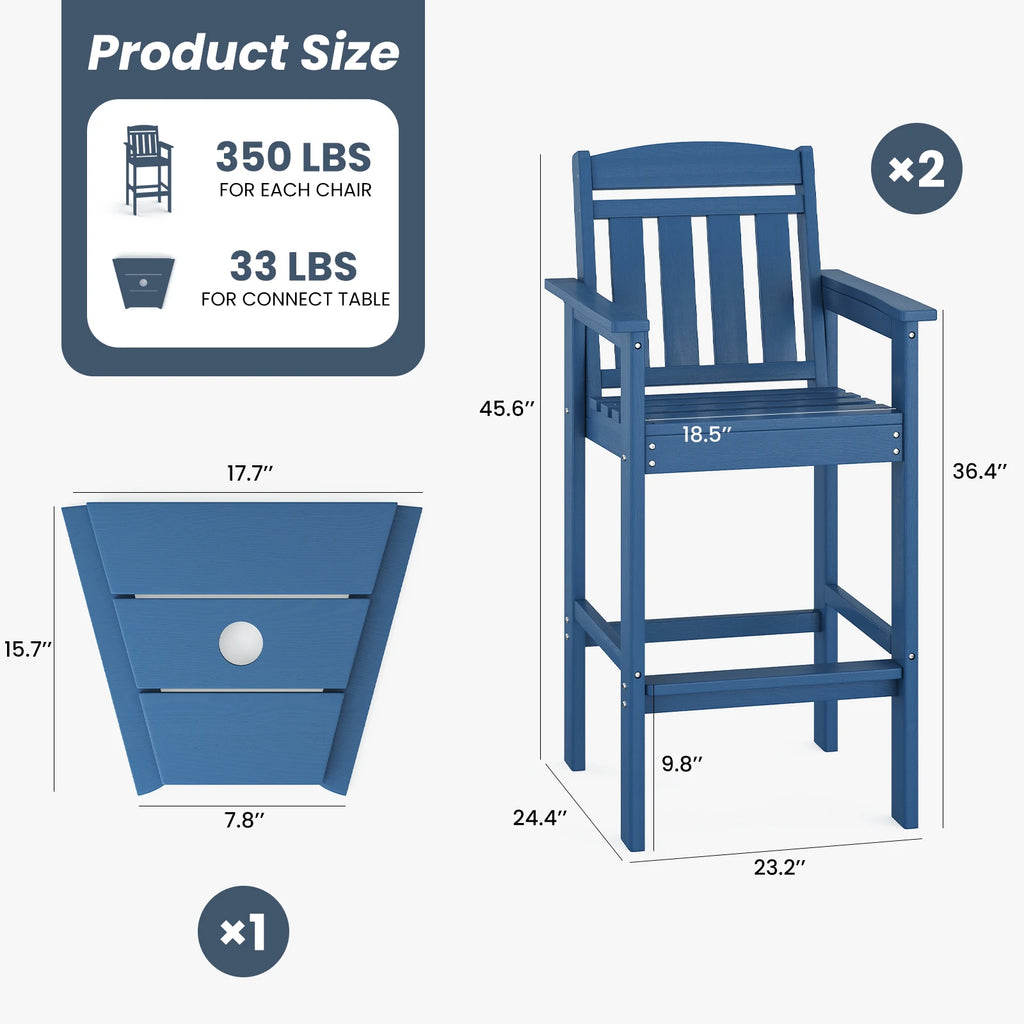Set of 2 Tall Adirondack Chairs, HDPE Bar Stools with Connecting Tray, All-Weather Patio Chair, Bar Height for Balcony