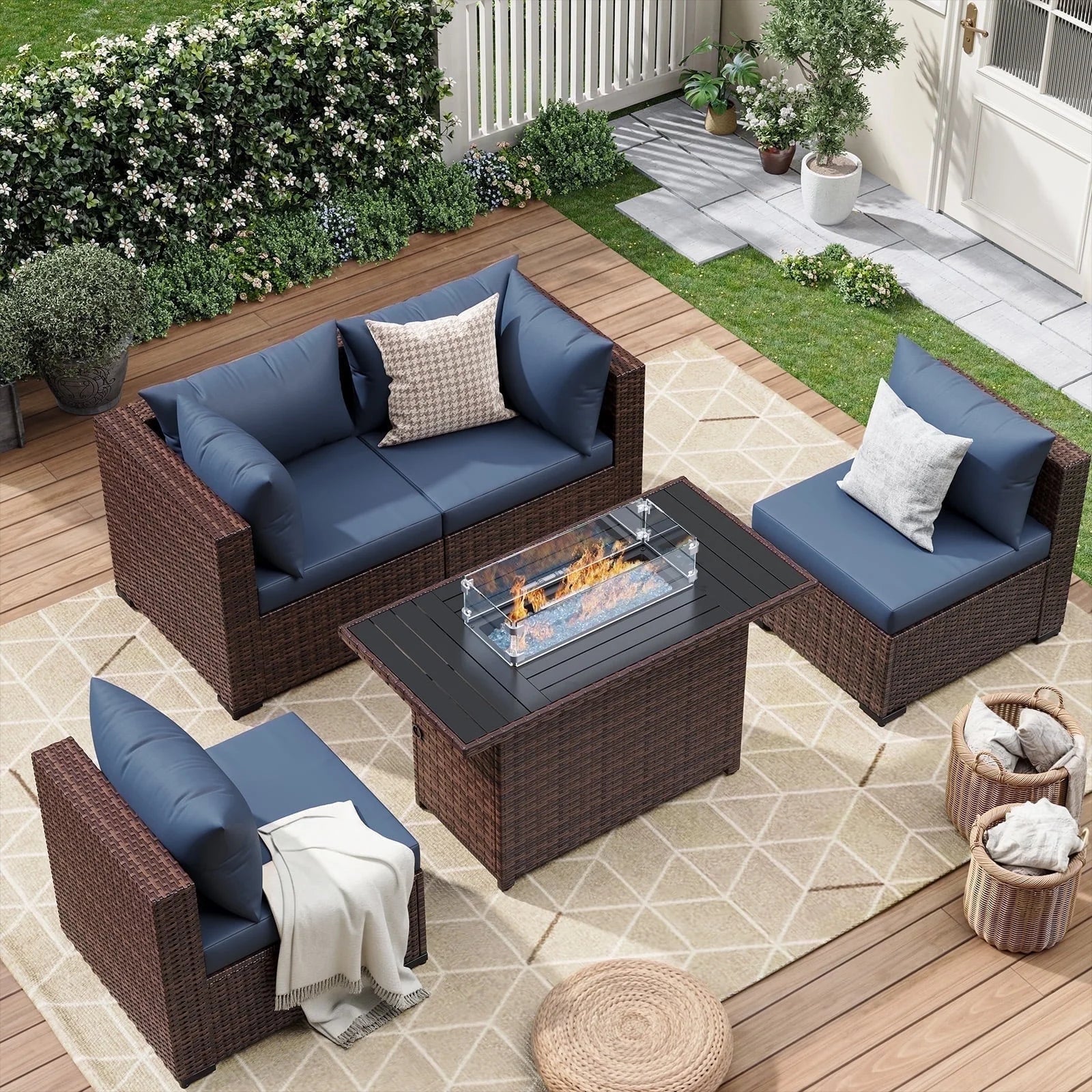 7 Pieces Patio Furniture Set All Weather Outdoor Sectional Sofa, Outdoor Modern Sectional Furniture Wicker Couch with Glass Coffee Table, Thicken Navy Blue Cushions, Water Resistant