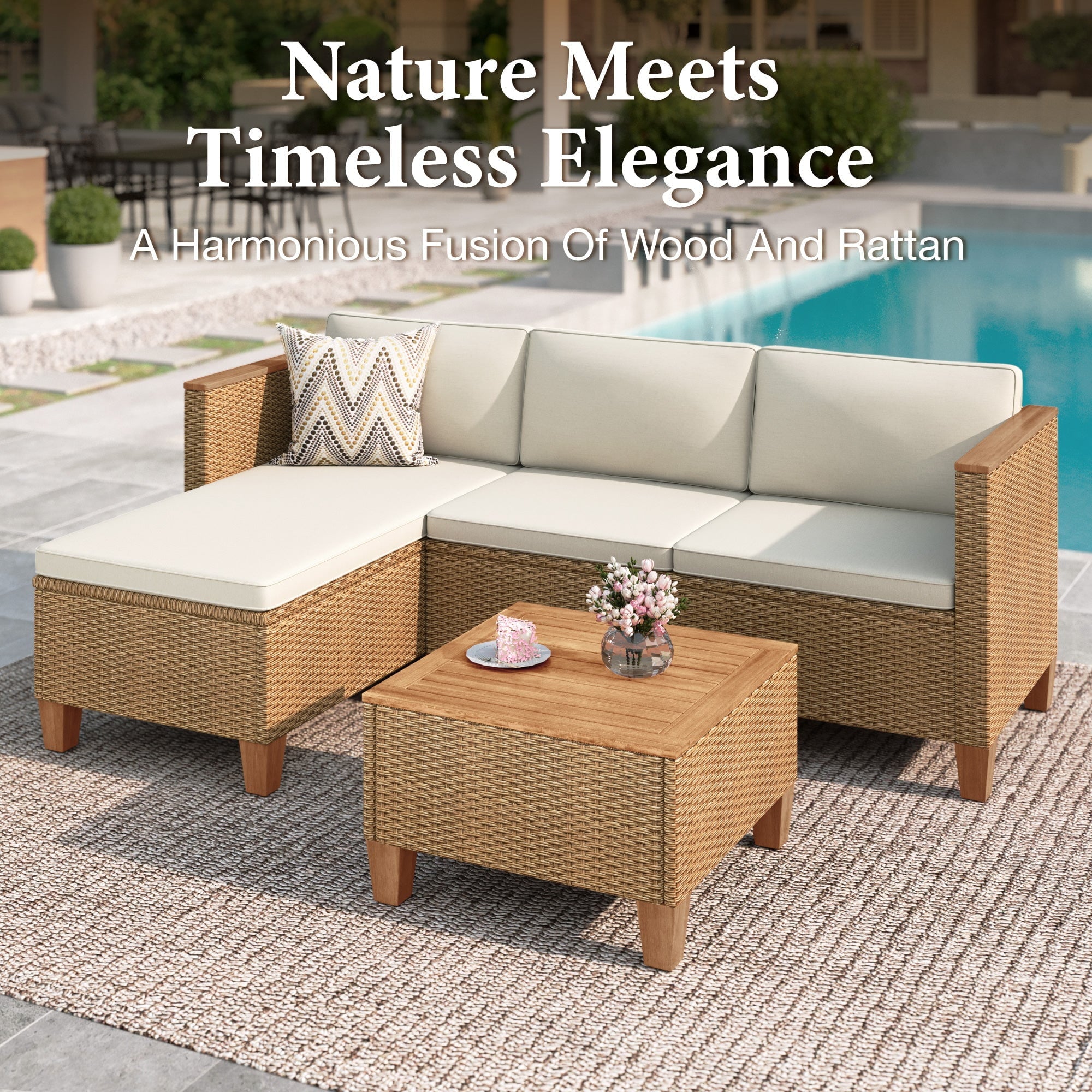 3-Piece Patio Furniture Conversation Set, Weather-Resistant Wicker Outdoor Sectional Sofa Set with Table & Cushions, Small Balcony & Porch Friendly
