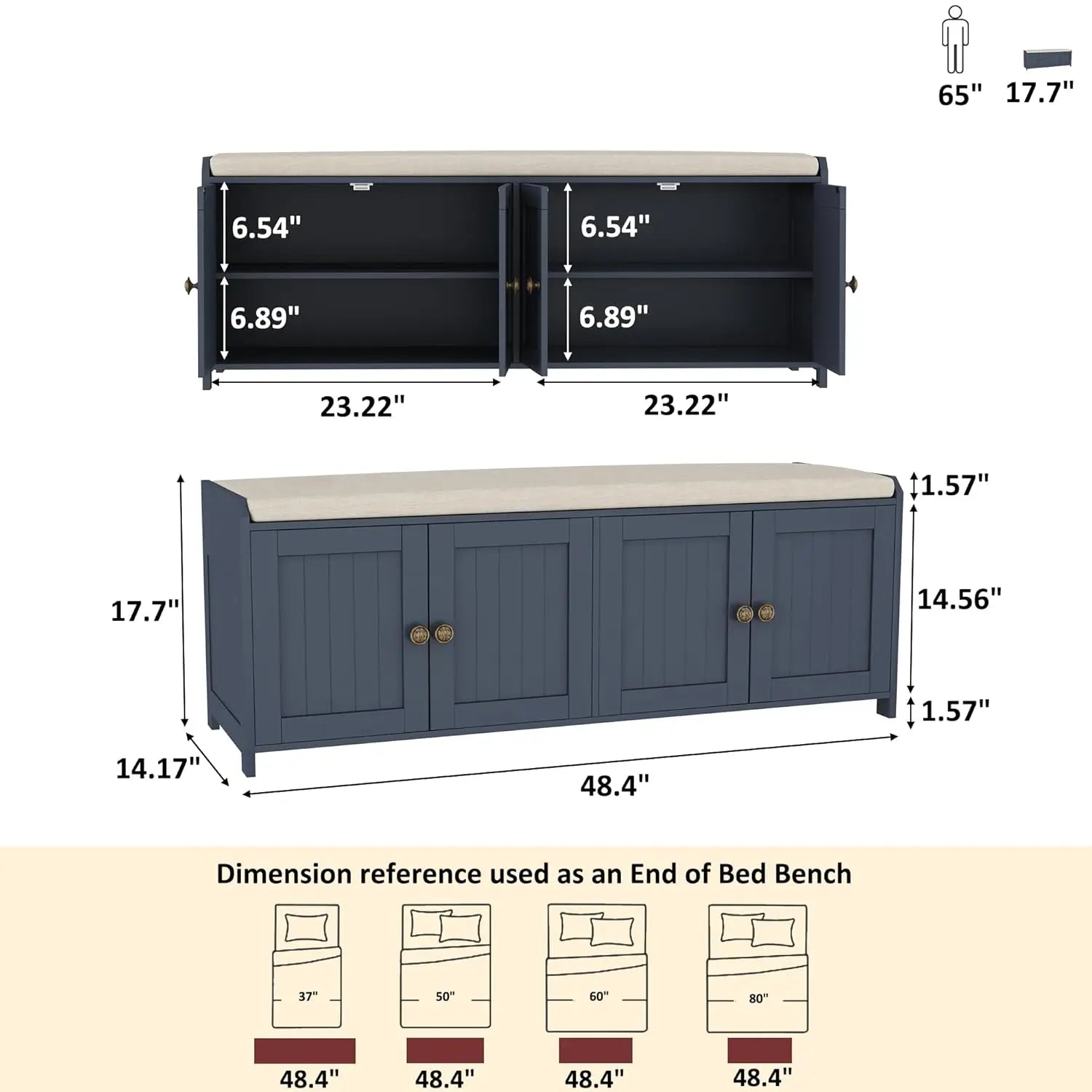 48.4" Shoe Storage Bench with Cushion, Entryway Bench with Paddded Seat, 2-Tier Shoe Cabinet Bench with Adjustable, Customized
