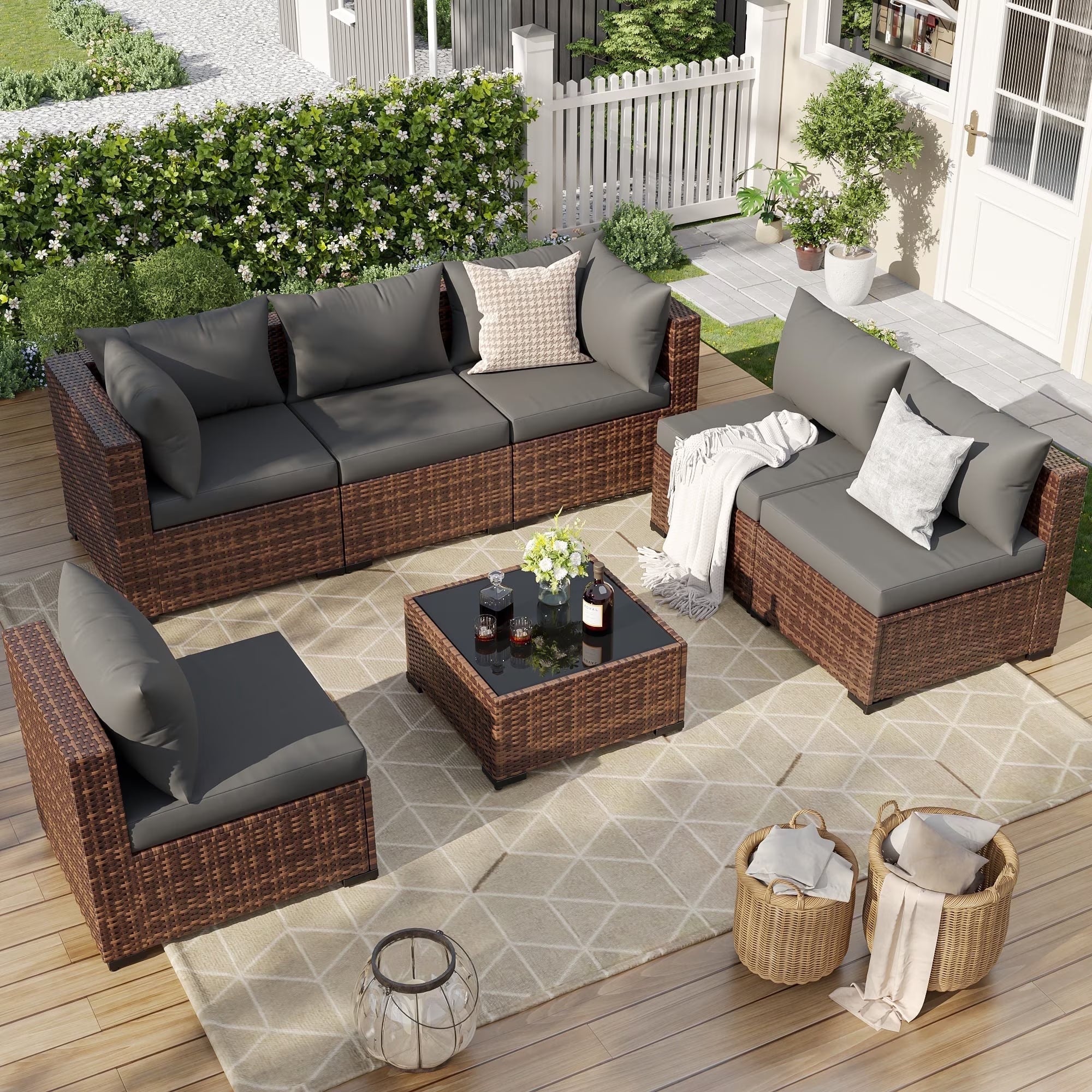 7 Pieces Patio Furniture Set All Weather Outdoor Sectional Sofa, Outdoor Modern Sectional Furniture Wicker Couch with Glass Coffee Table, Thicken Navy Blue Cushions, Water Resistant