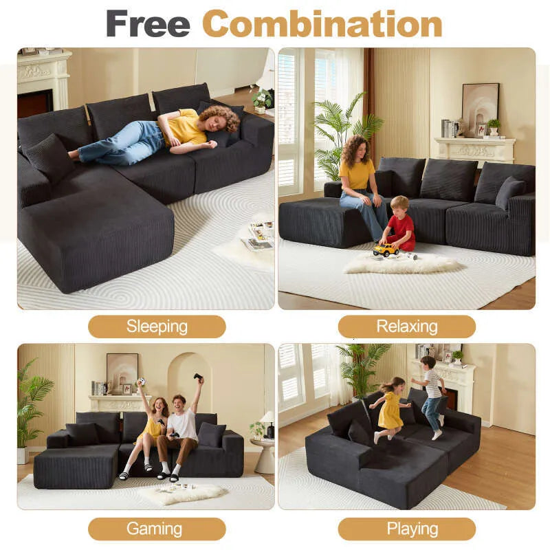 Modern Corduroy Sectional Sofa – Modular Foam Couch with Plush Cushions