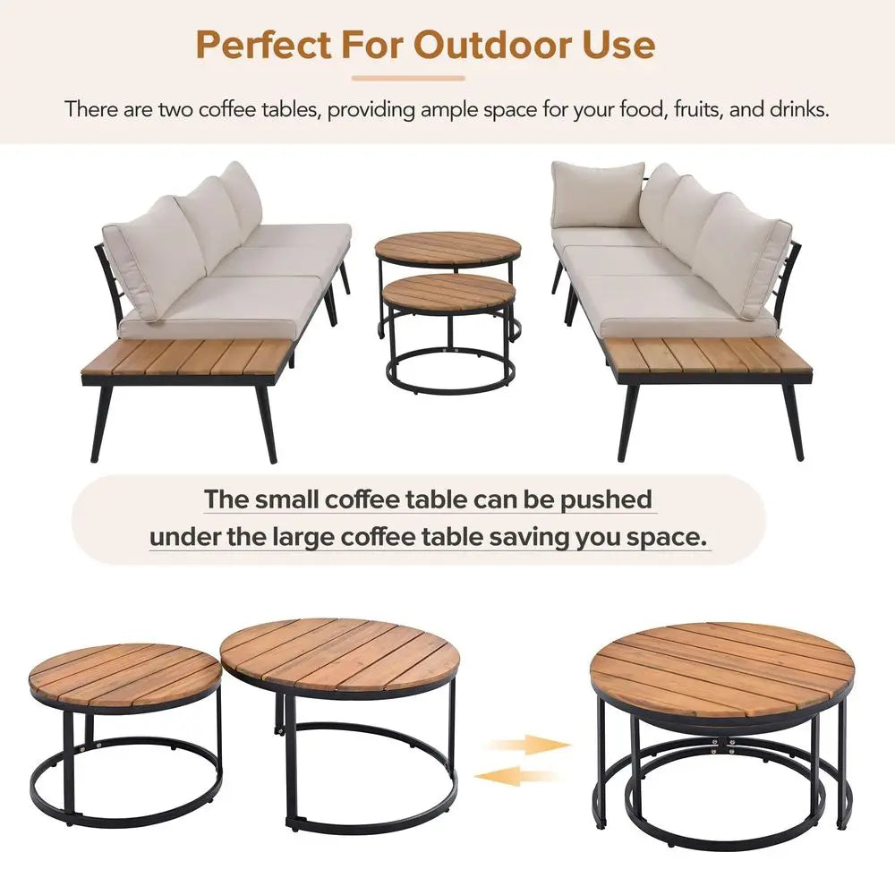 Outdoor Sectional Sofa Set with round Nesting Coffee Tables and Cushions,6Piece Patio Furniture Set for Porch,Garden,Poolside A