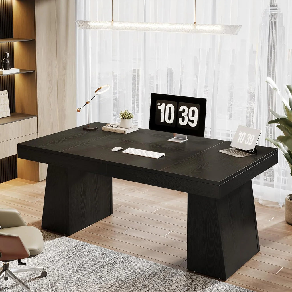 Large Wood Executive Desk, 55" Rectangle Office Desk with Double Pedestal, Modern Minimalist Computer Desk Workstations Conference Table Furniture for Home Office(Black)