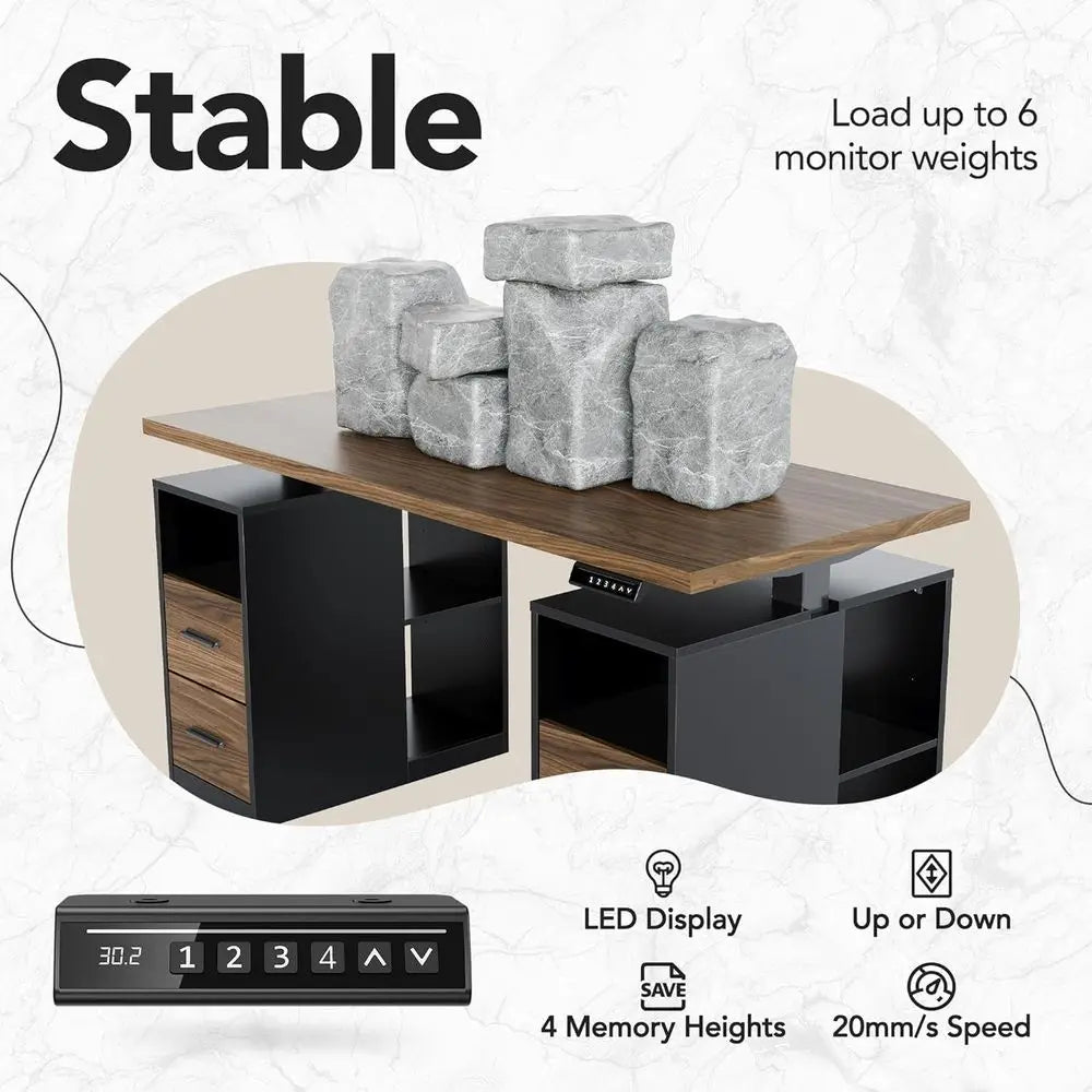 55" Electric Height-Adjustable Standing Desk with Storage & LED Strip – Black Walnut