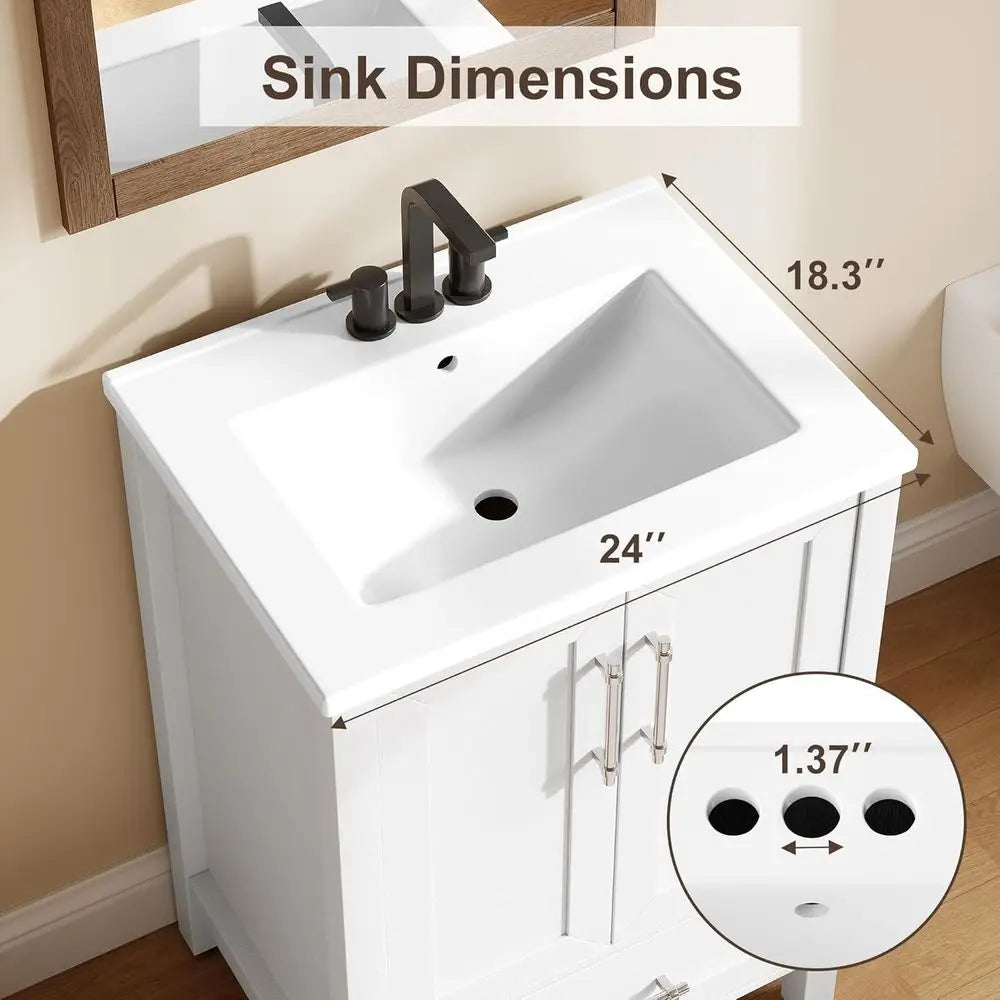 24-Inch White Freestanding Bathroom Vanity with Sink – Modern Storage Cabinet with Soft-Close Doors & Easy Assembly