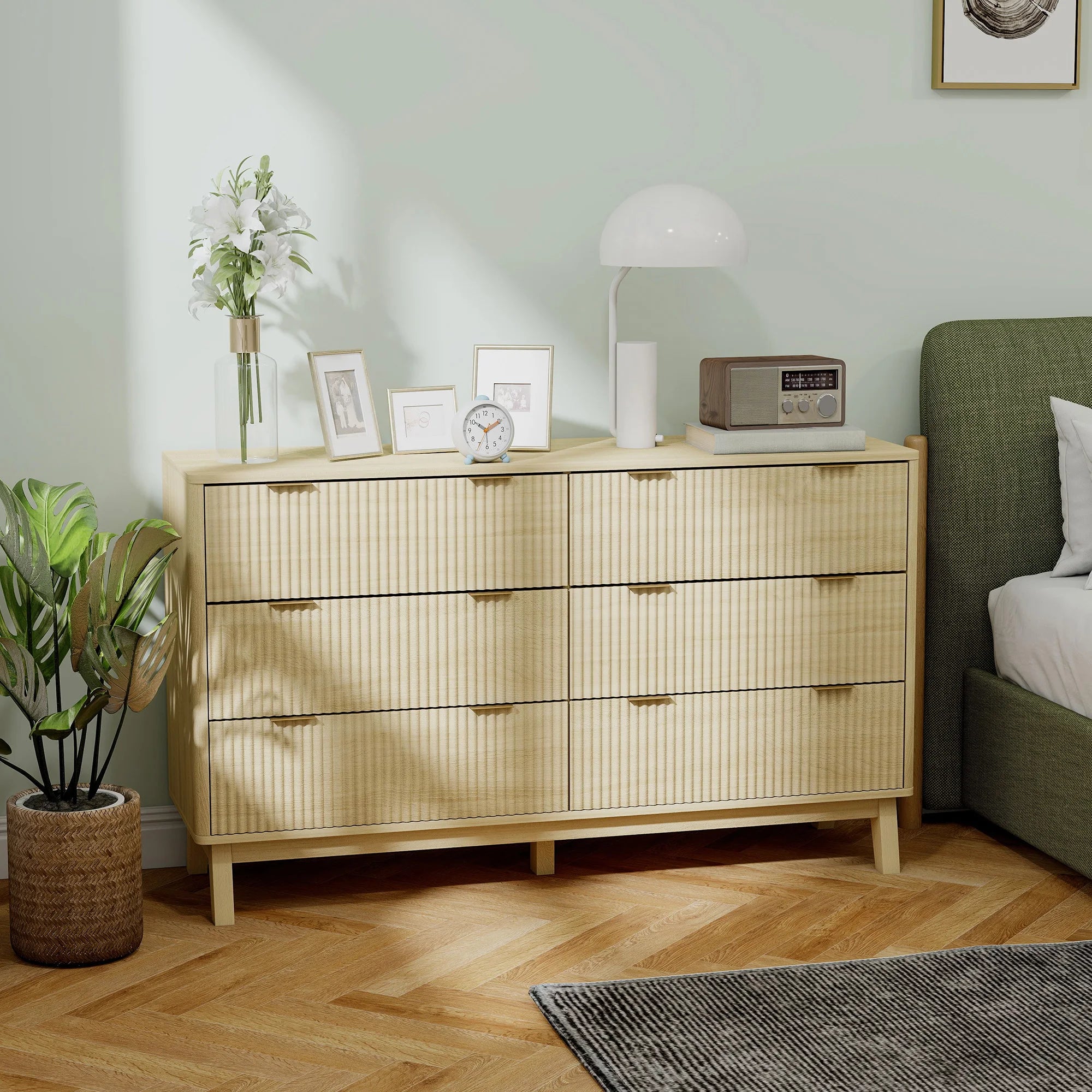 Fluted Dresser for Bedroom with 6 Drawers, 54" Wide Chest of Drawers with Gold Finger Pulls and 5 Wood Legs, Natural Wood