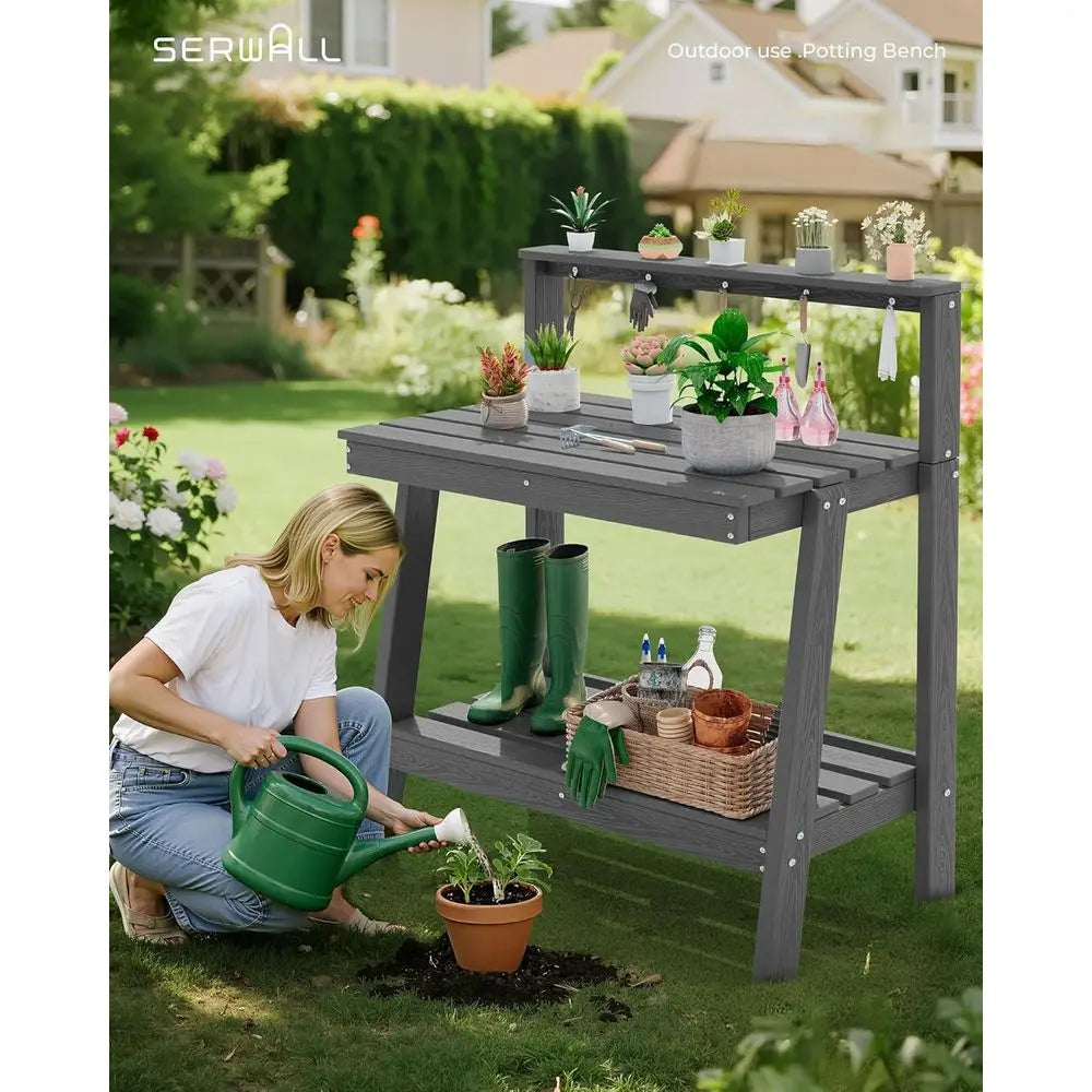 Outdoor 3-Tier Potting Bench with Storage, Angled Legs, and Tool Hooks - Heavy Duty Gardening Table for Patio and Backyard in Gr