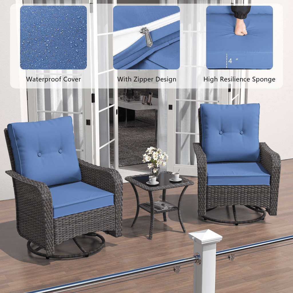 3-Piece Rattan Rockers , Wicker Swivel Rocking Chair Set with Glass Top Coffee Table, 360° Rotation (Navy Blue)