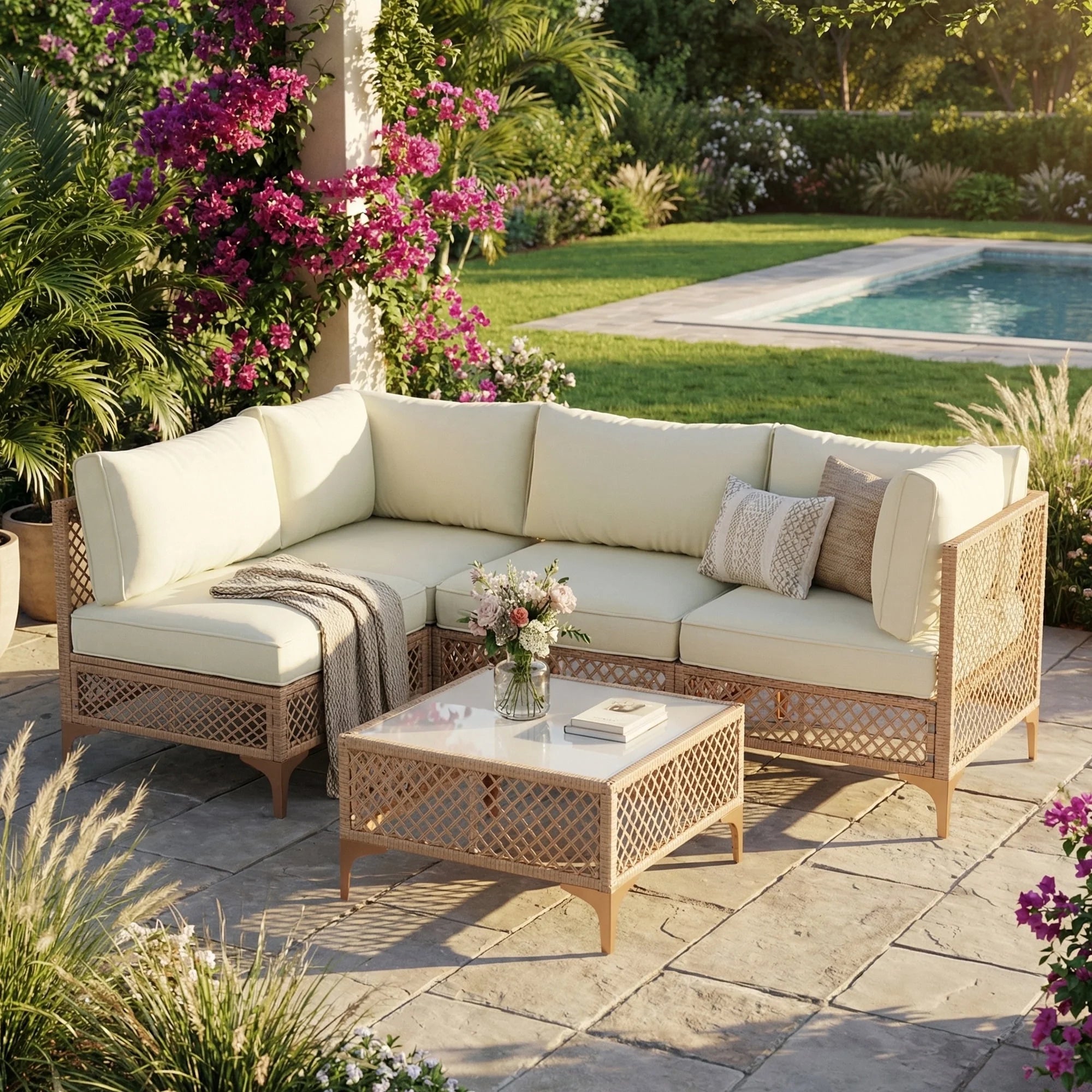 7-Piece Patio Furniture Set, Outdoor Wicker Conversation Set with Thick Cushions & Coffee Table for Backyard and Garden, Beige