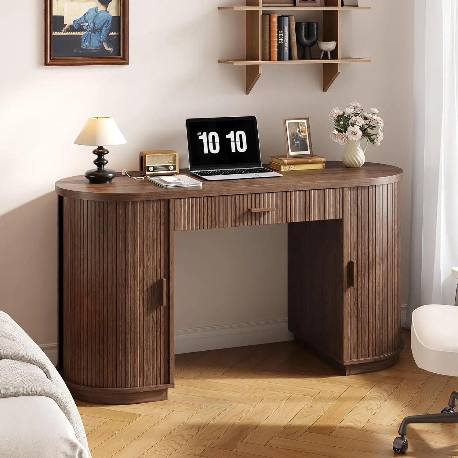 58 Inch Fluted Executive Computer Desk with Drawers & Charging Station - Mid Century Modern Storage Desk for Home Office, Living Room, Bedroom - Free Shipping - Black