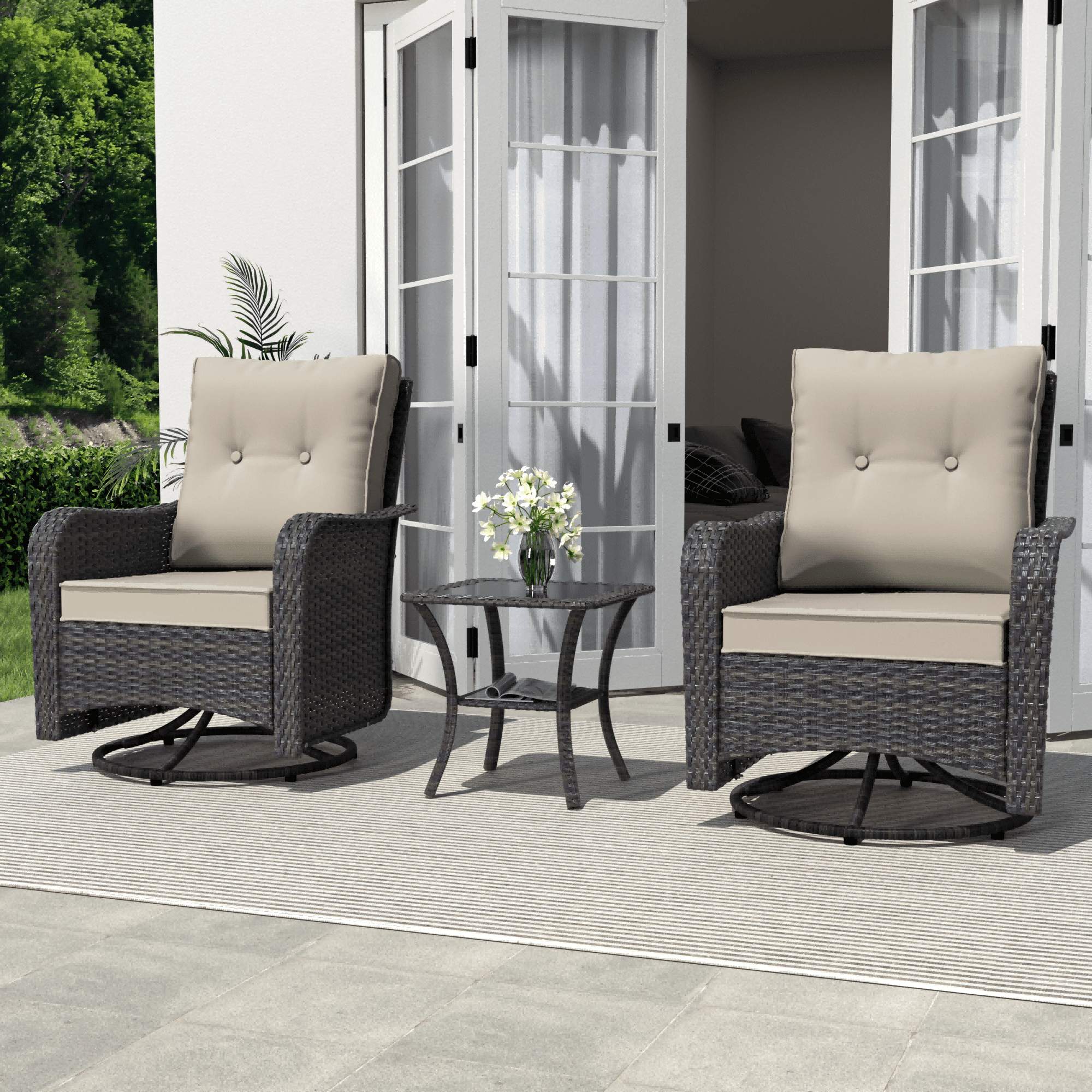 3-Piece Rattan Rockers , Wicker Swivel Rocking Chair Set with Glass Top Coffee Table, 360° Rotation (Navy Blue)