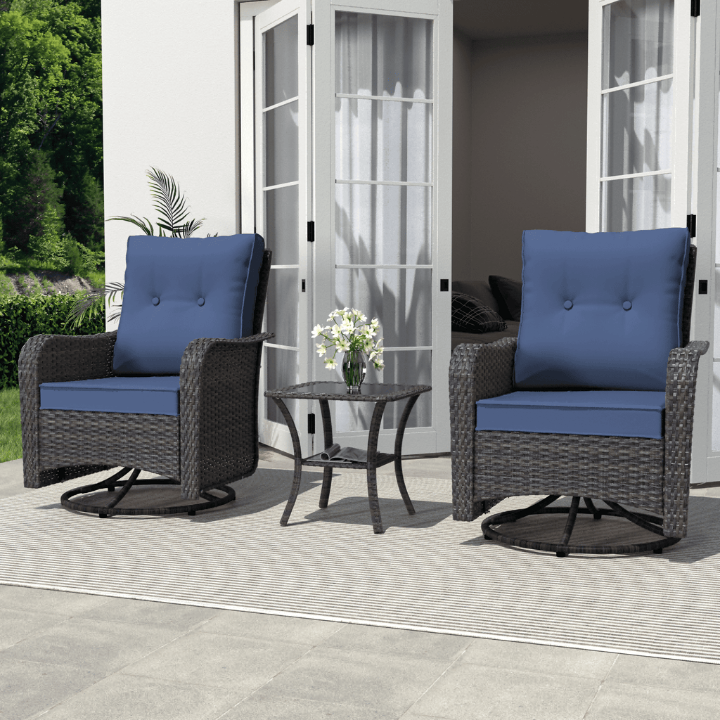 3-Piece Rattan Rockers , Wicker Swivel Rocking Chair Set with Glass Top Coffee Table, 360° Rotation (Navy Blue)