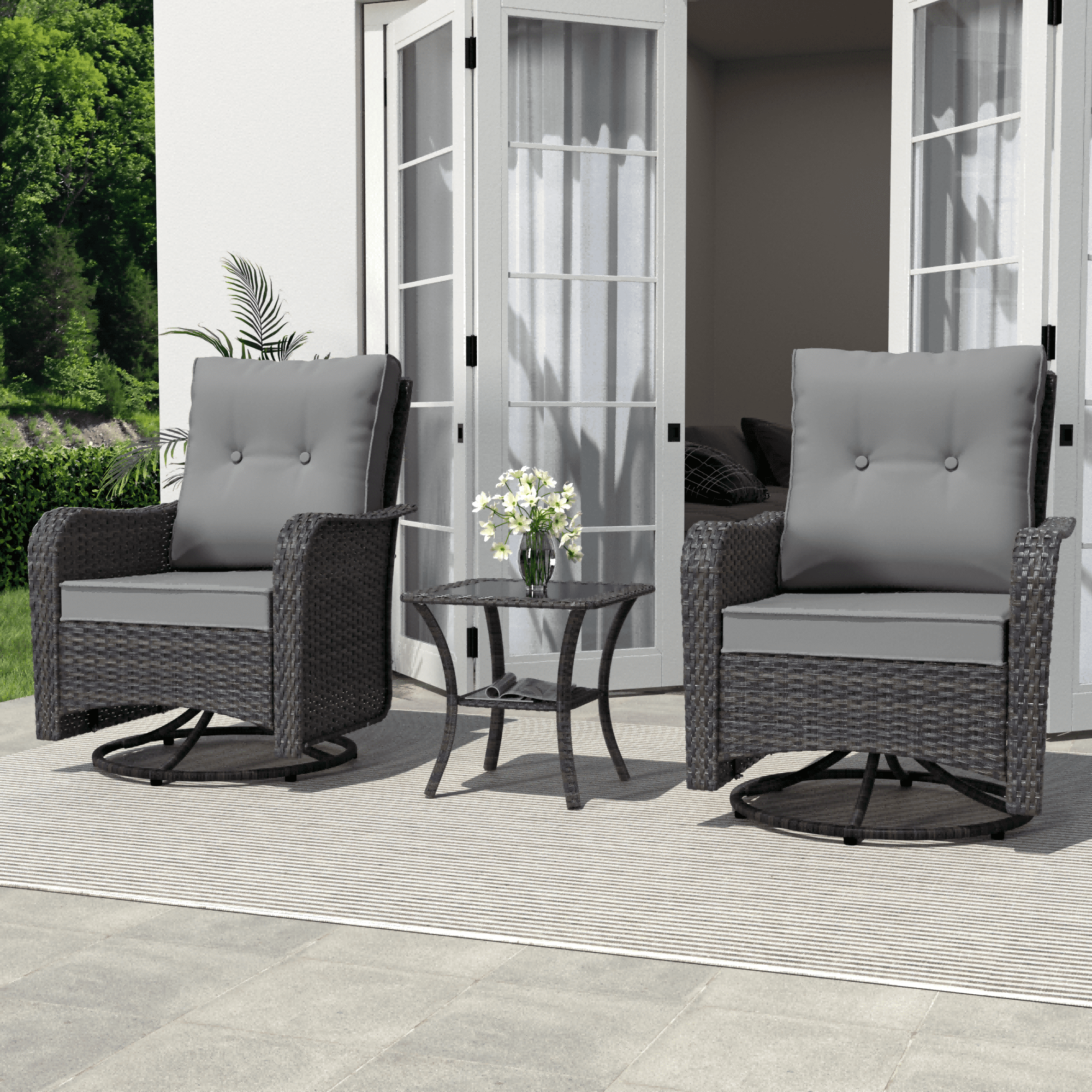 3-Piece Rattan Rockers , Wicker Swivel Rocking Chair Set with Glass Top Coffee Table, 360° Rotation (Navy Blue)