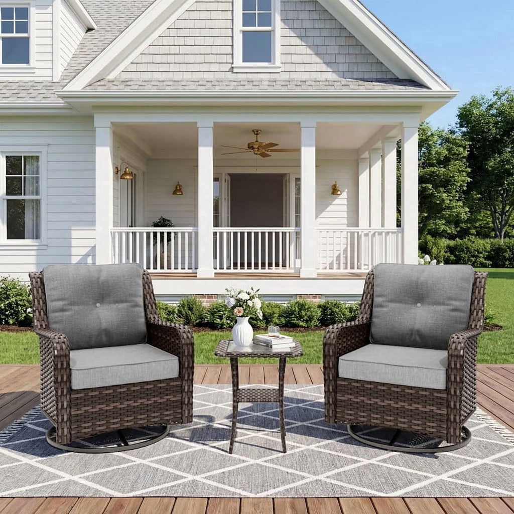 3-Piece Rattan Rockers , Wicker Swivel Rocking Chair Set with Glass Top Coffee Table, 360° Rotation (Navy Blue)
