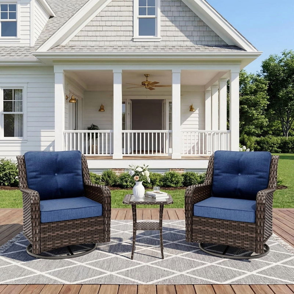 3-Piece Rattan Rockers , Wicker Swivel Rocking Chair Set with Glass Top Coffee Table, 360° Rotation (Navy Blue)