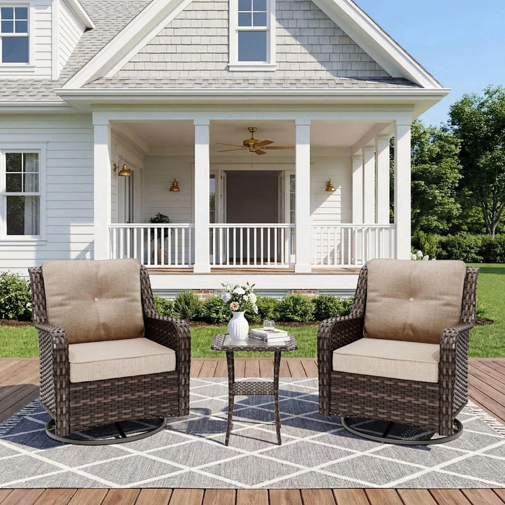 3-Piece Rattan Rockers , Wicker Swivel Rocking Chair Set with Glass Top Coffee Table, 360° Rotation (Navy Blue)