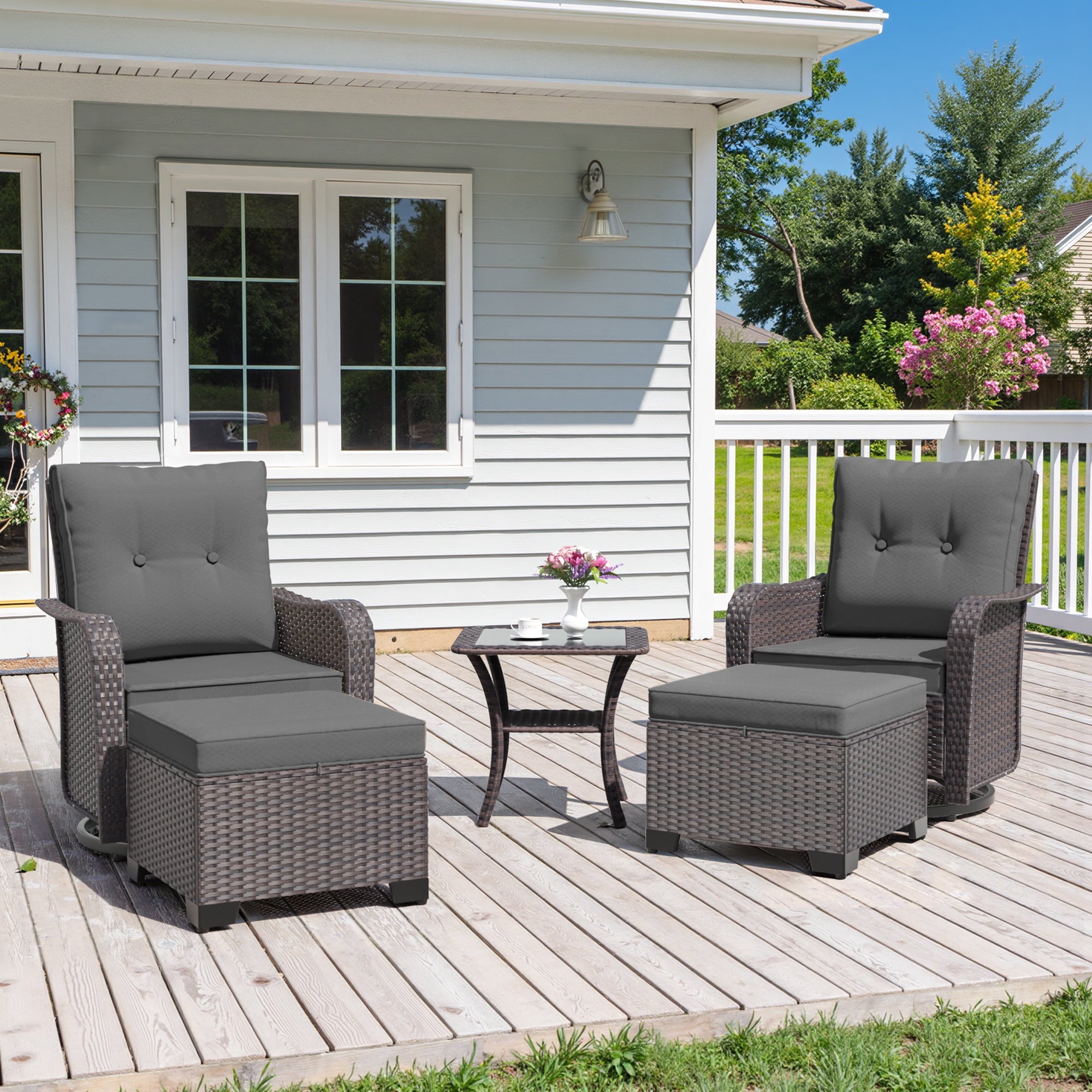 3-Piece Rattan Rockers , Wicker Swivel Rocking Chair Set with Glass Top Coffee Table, 360° Rotation (Navy Blue)