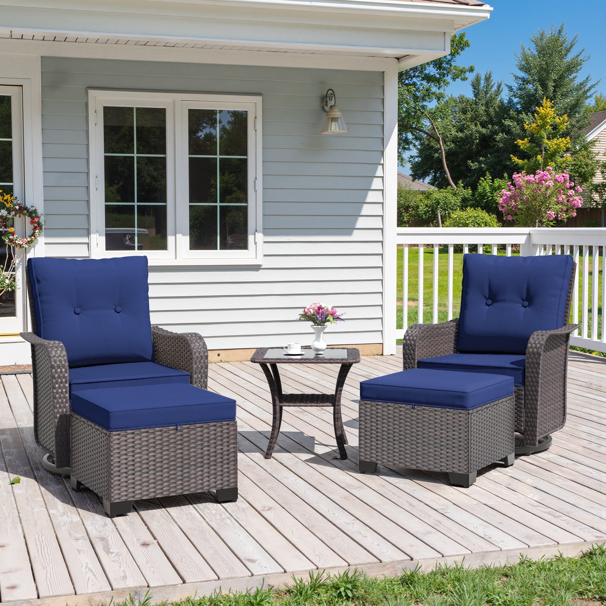 3-Piece Rattan Rockers , Wicker Swivel Rocking Chair Set with Glass Top Coffee Table, 360° Rotation (Navy Blue)