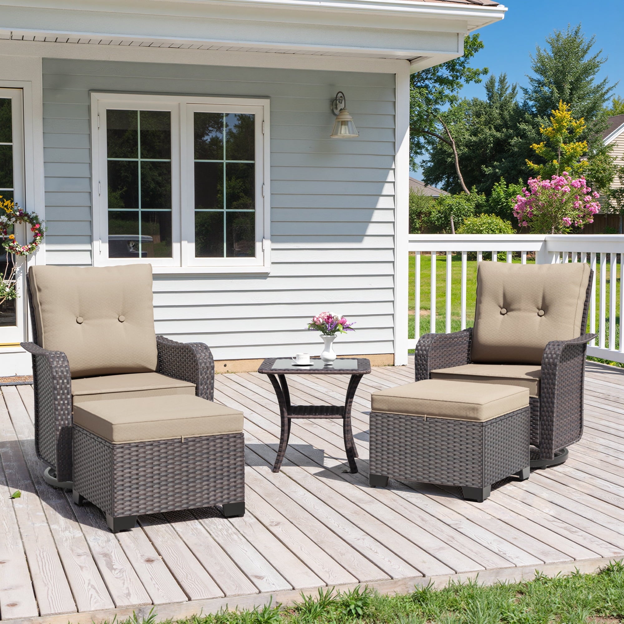 3-Piece Rattan Rockers , Wicker Swivel Rocking Chair Set with Glass Top Coffee Table, 360° Rotation (Navy Blue)